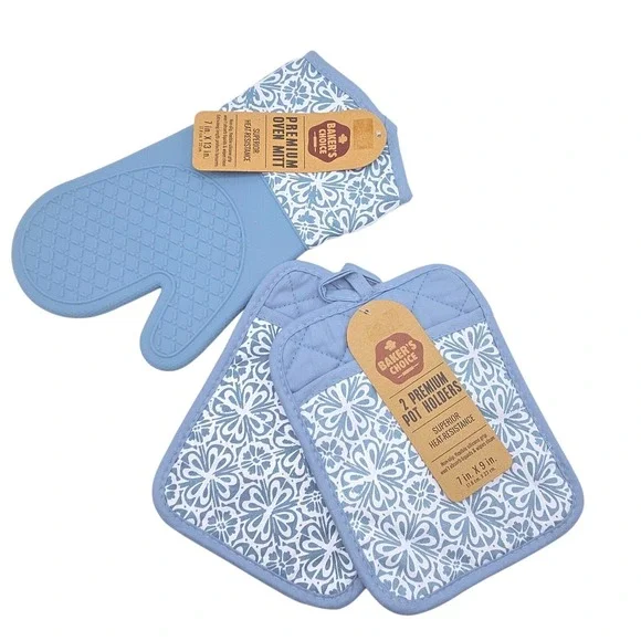 Bakers Choice Blue Floral Cotton Silicone Pot Holder & Oven Mitt Set of 3 Piece