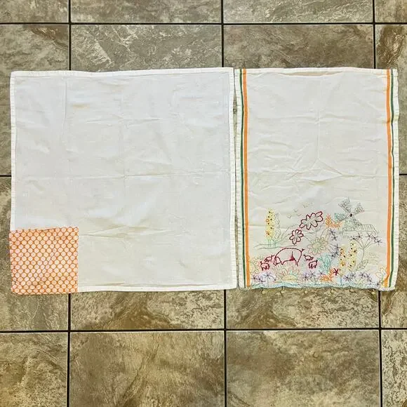 Cotton Dish Towels Pair Embroidered Farm Scene Patchwork Polka Dot Trimmed