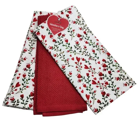 Colordrift Shabby Chic Cotton Kitchen Towel Set 3pc‎ Red and White 18x28in