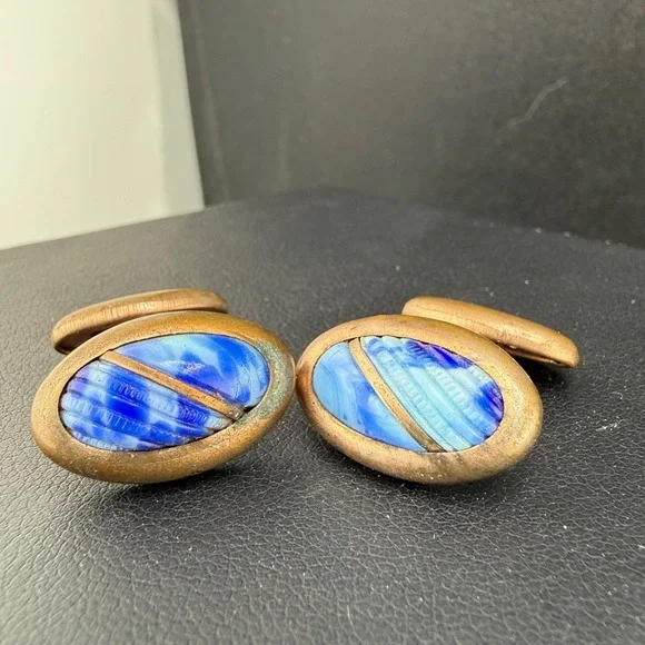 Vintage Antique Carved Blue Stone Cufflinks Gold Tone