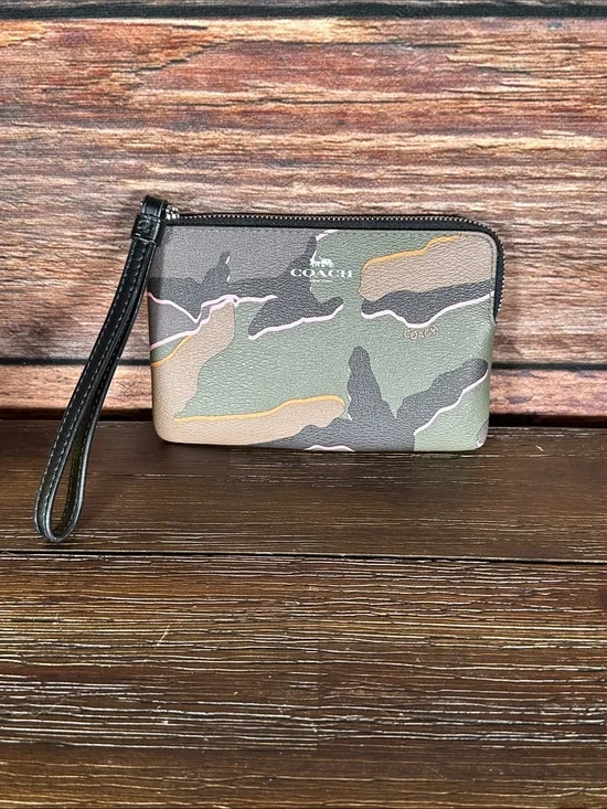 Coach Camouflage Leather Wristlet in Green and Tan & Pink