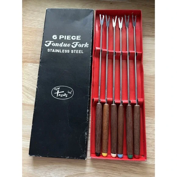Vintage Retro Mid Century Modern Fondue Forks Set of Six  Teak Handles-In Box