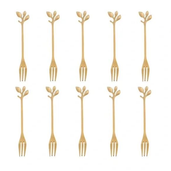 10 Pcs Stainless Steel Gold Leaf Appetizer Cake Forks Set 4.7 Inches