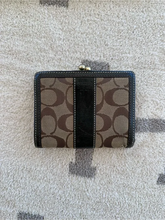 Coach Signature Canvas Bifold Wallet in Brown and Tan y2k