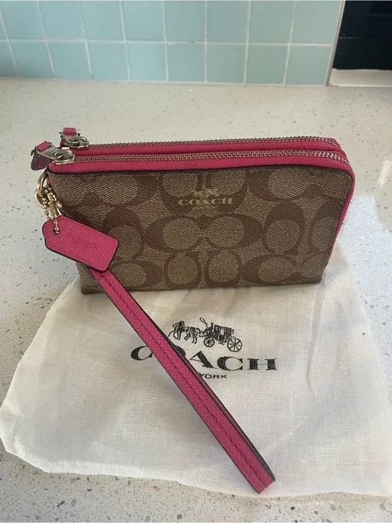 Coach Brown Signature Canvas Double Zip Wristlet with Pink Trim