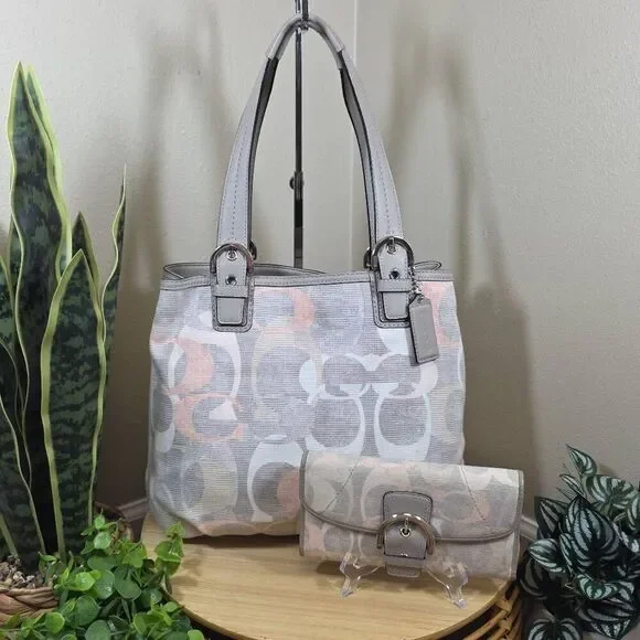 Coach Soho Signature Optic Linen North South Tote with Matching Wallet