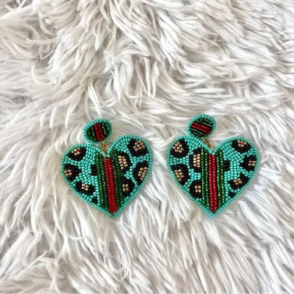 Beaded leopard print earrings teal green red stripe dangling post