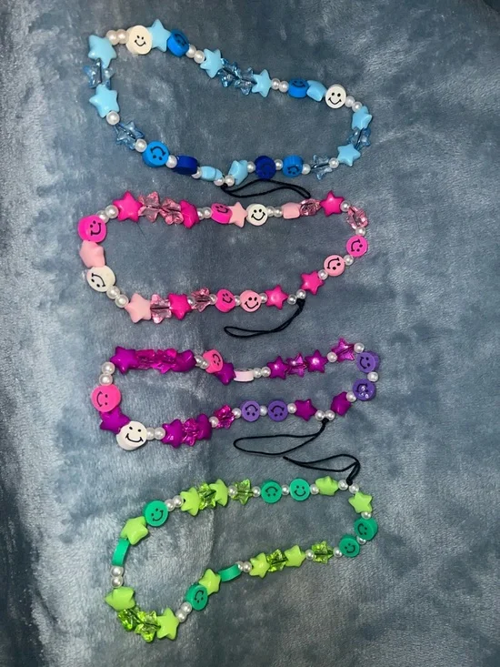 Kids Beaded Smile Face Phone Strap - Blue