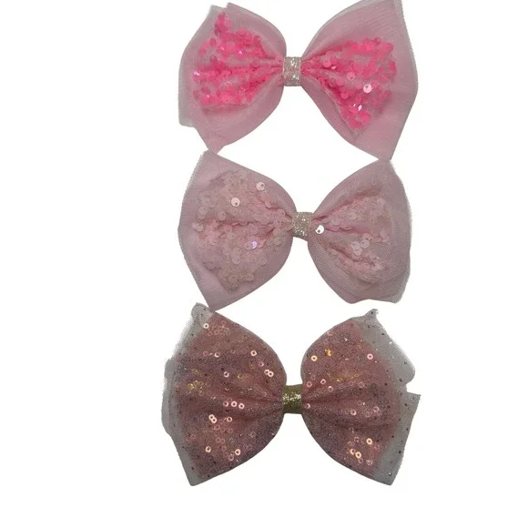 Kids Pink Sequin Tulle Bow Hair Clips Set 3 Sparkly hair Accessories‎ Girls