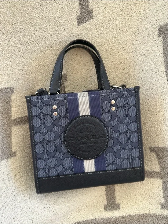 Coach Navy and White Stripe Signature Mini Tote