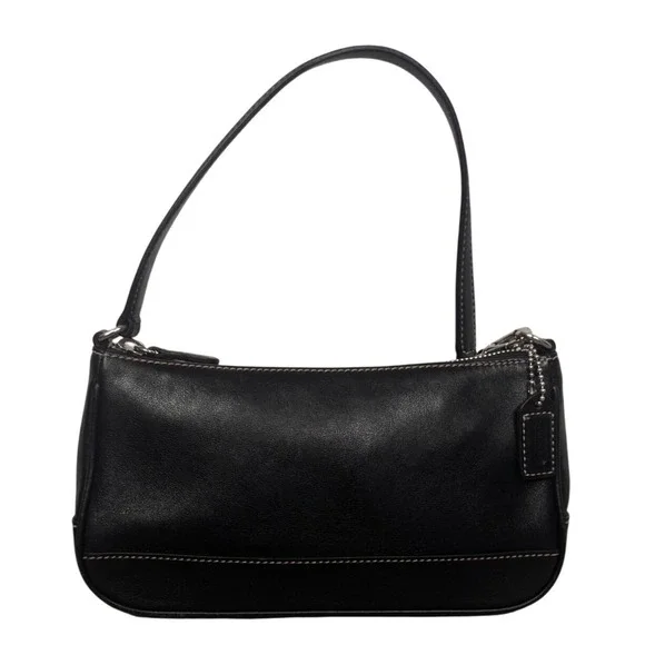 Coach Vintage Black Leather Baguette‎ Shoulder Bag 7785 Contrast Stitch Small