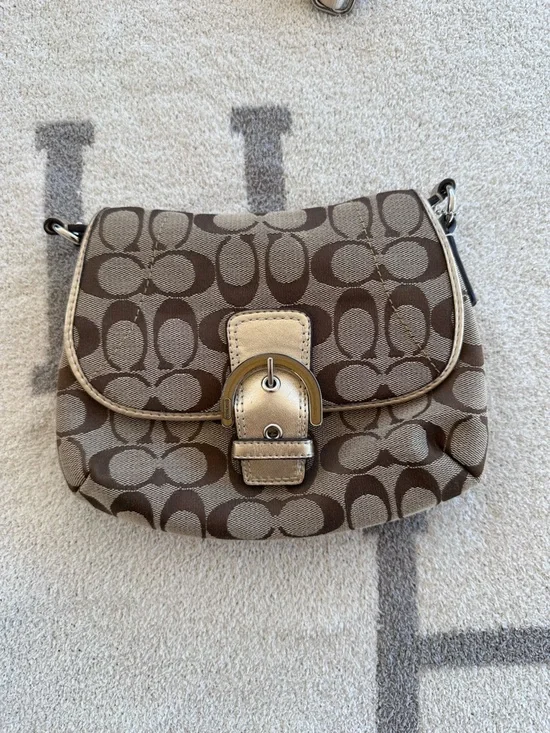 Coach Brown Signature Canvas Crossbody with Metallic Gold Buckle