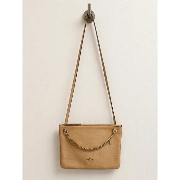 Coach Convertible Leather Tan Pebbled Cross Body Bag Purse w/Gold Chain Accent