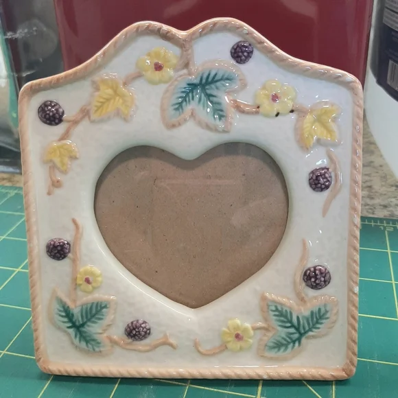 Cream and Green Heart Picture Frame with Floral Accents
