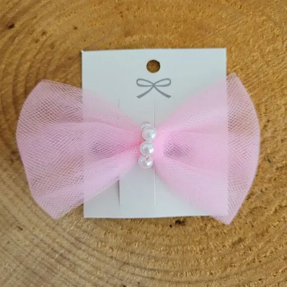 Handmade Pink Tulle Pearl Beads Bow Hair Clip