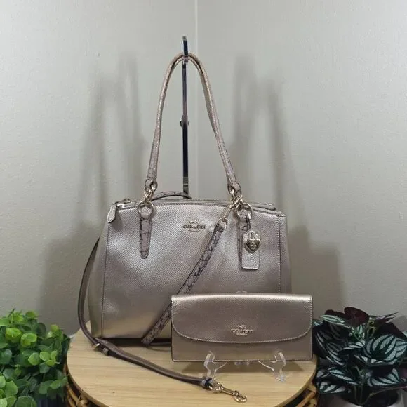 Coach Christie Carryall in Metallic Leather with Exotic Trim and Matching Wallet