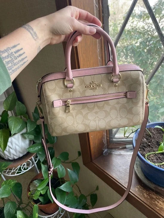 Coach Tan Signature Canvas Rawan Satchel with Pink Trim