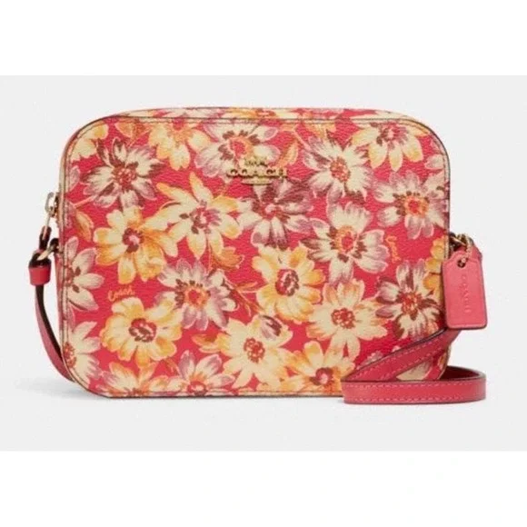 Coach Mini Camera Bag Gold Red Multi Floral Print Crossbody Handbag C8699