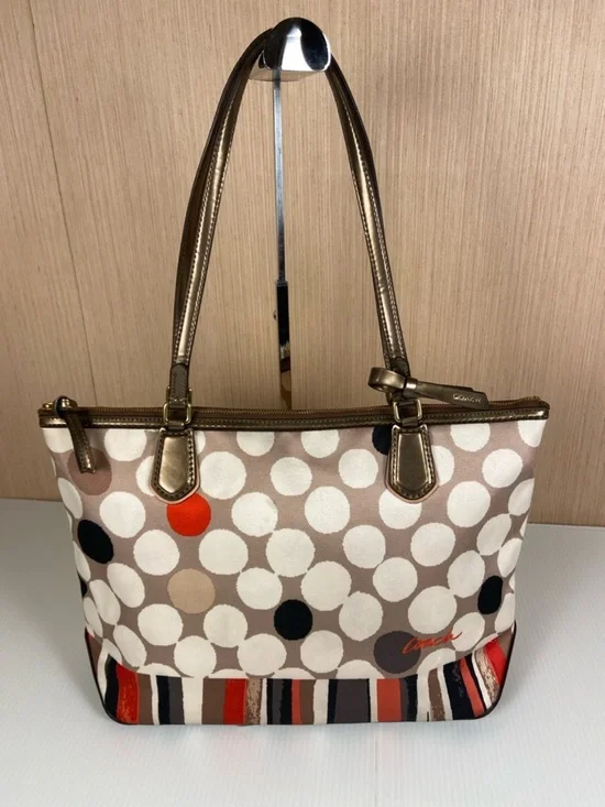 Coach Polka Dot Stripe Tote Satin Scarf Print Leather Trim Red Lining Rare