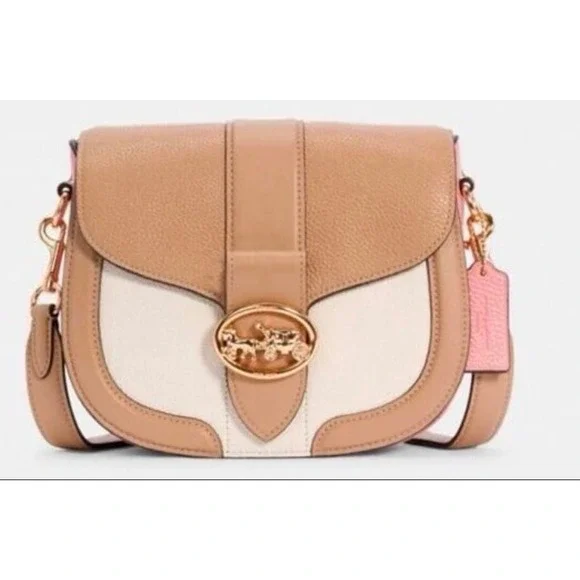 Coach Georgie Saddle Bag Colorblock Leather Crossbody Taupe Pink Cream C3593