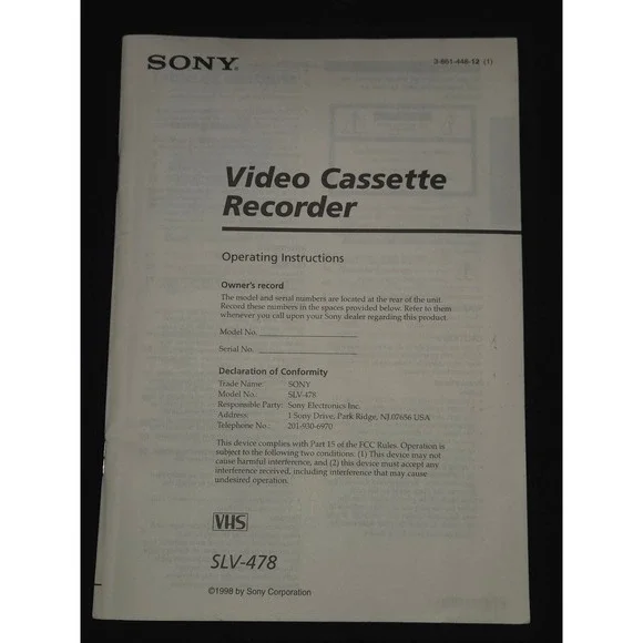 Sony SLV 478 Video Cassette Recorder VCR Owner Operating Instructions‎ Manual