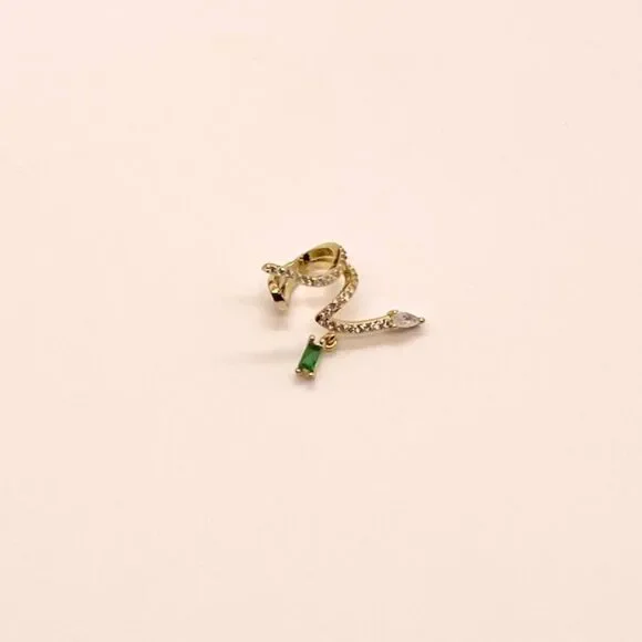 Serpent Snake CZ Ear Climber Cuff with Delicate Emerald Crystal Dangle Detail