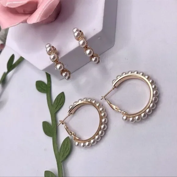 NWT Set of 2 Pearl Hoop Earrings