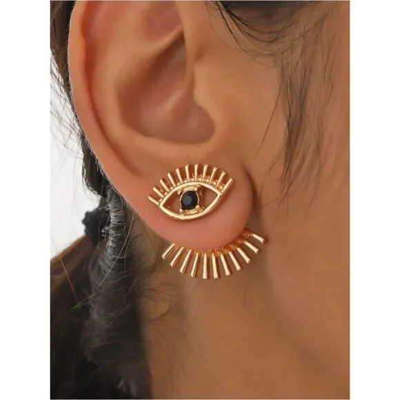 Gold Eye Stud Earrings with Black Stone R 443