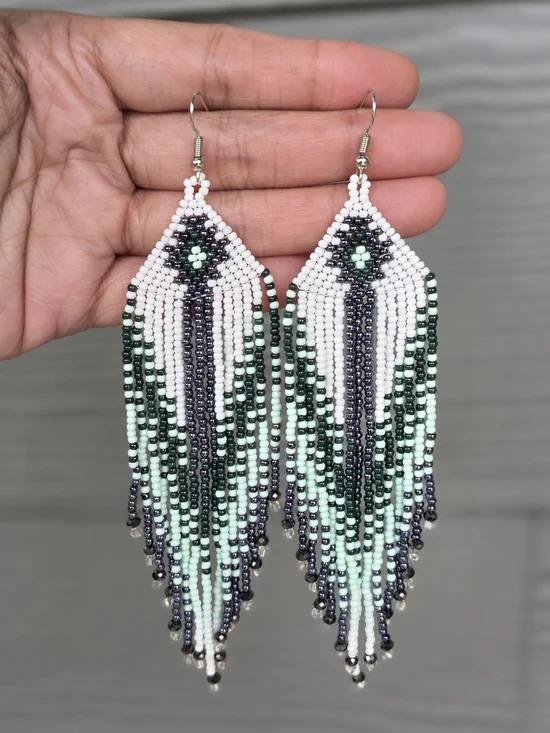 Zia Beaded Earrings Boho Fringe Southwestern Handmade Jewelry Green