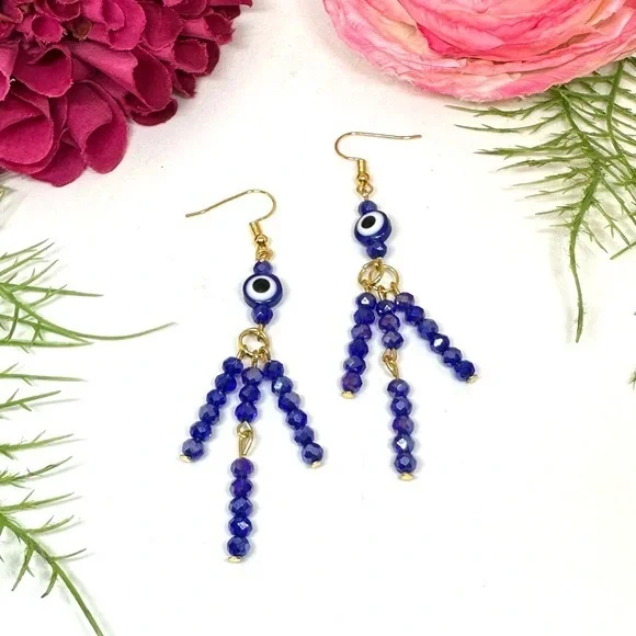 NEW⚜️Handmade Evil Eye Crystal Fringe Earrings