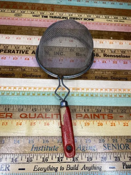 Vintage Kitchen Medium Size Red Wooden Handle Strainer Rustic Farm Decor Cottage