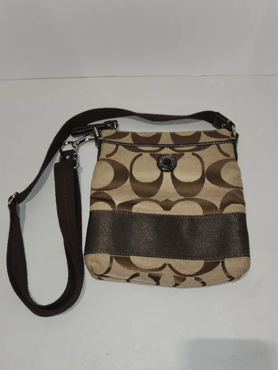 Coach Signature Print Stripe Swing Pack Crossbody Bag Khaki Tan