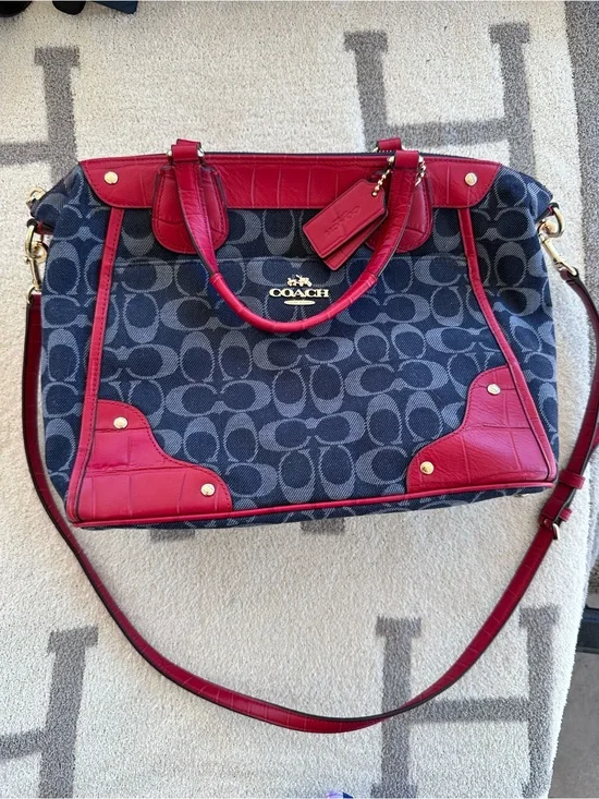Coach Navy Signature Canvas Satchel with Red Trim