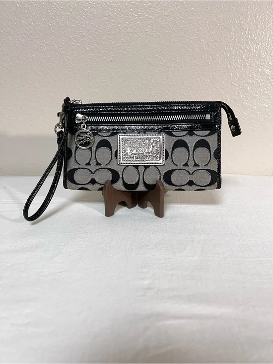 Coach Poppy Black and Gray Signature Wallet Wristlet with Leather Trim