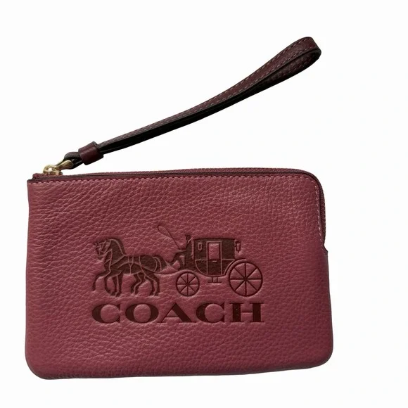Coach Corner Zip Leather Wristlet With Horse And Carriage in‎ Strawberry Haze