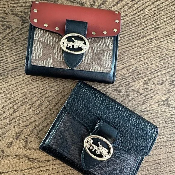 NWT! NEW! Coach Georgie Bi-Fold Wallet -Black Brown Stud / Black CC