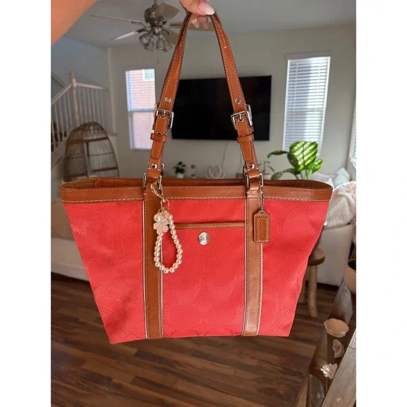 Coach Signature Jacquard Tote Bag Coral Coral Leather Trim Shoulder Bag