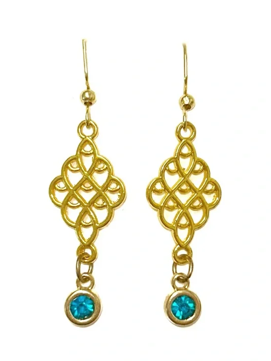 Gold Filigree Drop Earrings with Teal Gemstone