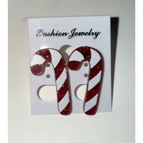 NWT Plastic Red And White Candy Cane Earrings With Rubber Backing