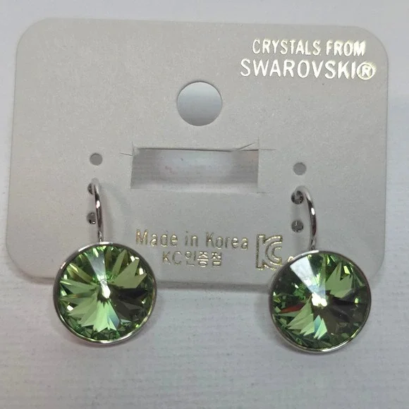 New! Swarovski Elements PeridotGreen Leverback Platinum Plated Earrings 13mm #7