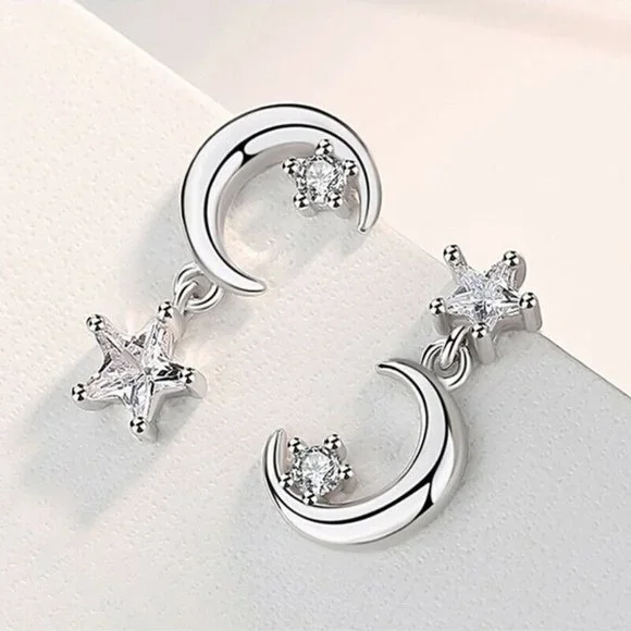 NEW 925 Silver White Sapphire Star & Moon Earrings