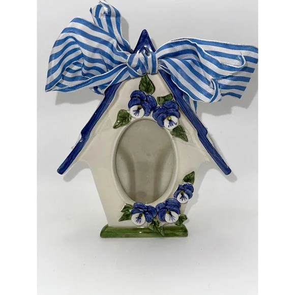Mud Pie 1998 Ceramic Birdhouse Picture Frame Blue Pansy Floral Striped Bow 6.5