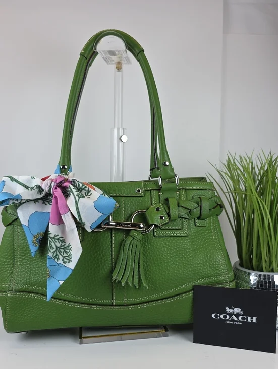 Coach Hampton Green Pebbled Leather Tote Shoulder Satchel Bag