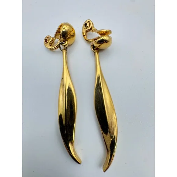 Vintage Monet Earrings Long Gold Drop Sculptural Dangle Sleek