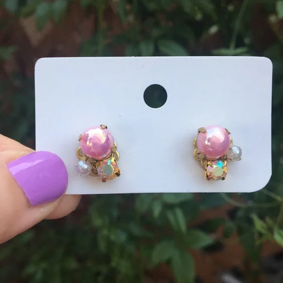 Iridescent Pink + Aurora Borealis Crystal Vintage Style Earrings