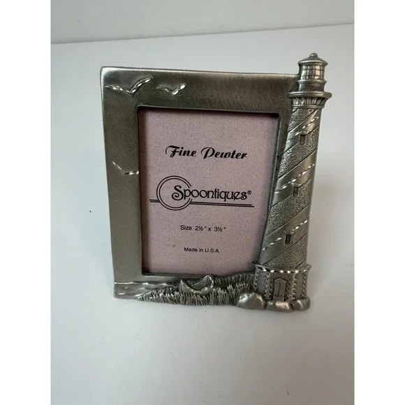 Spoontiques Pewter Picture‎ Frame USA Lighthouse Seagulls 2.5