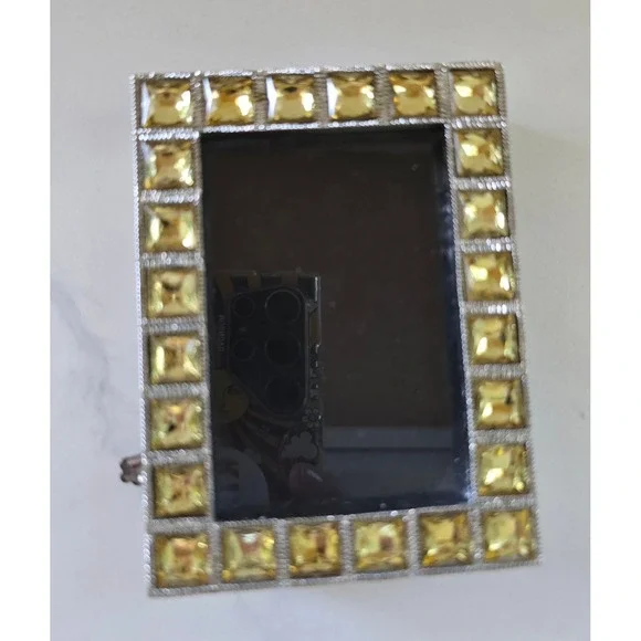 Two's Company Silver Jeweled Picture Frame Yellow Citrine Crystals Velvet‎ Back