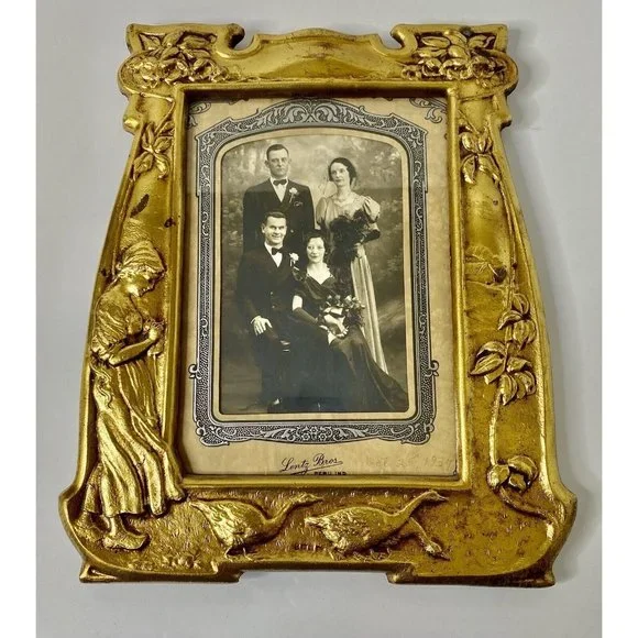 European Style Art Nouveau Brass‎ Metal Frame Vintage Girl Geese Floral Accents