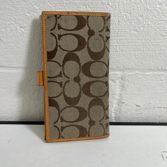 Coach Jacquard Checkbook Long Wallet Cover Tan Leather Signature C Monogram