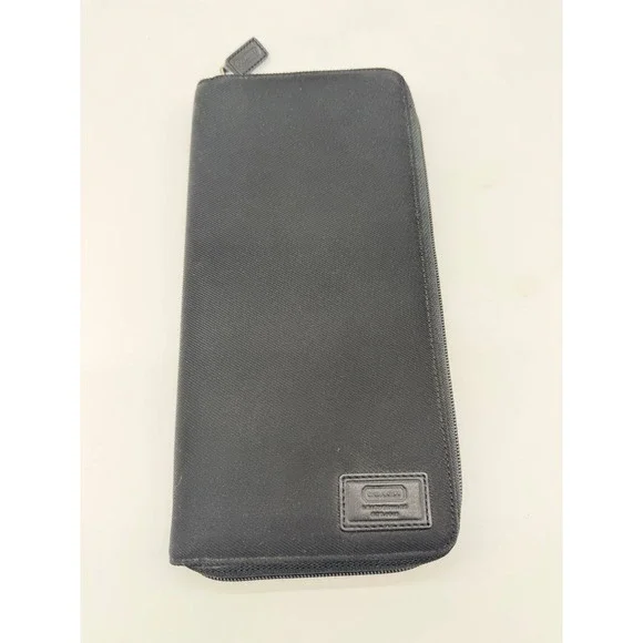 Coach Womens‎ Black Canvas Leather Zip Around Travel Wallet Passport Organizer